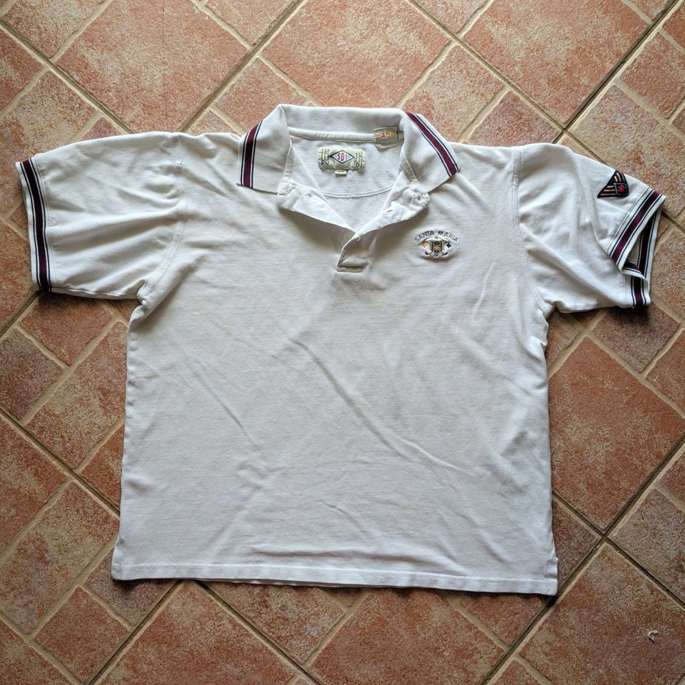 SDI‎ Polo Shirt Mens Medium White Santa Maria Crest Short Sleeve Cotton Striped